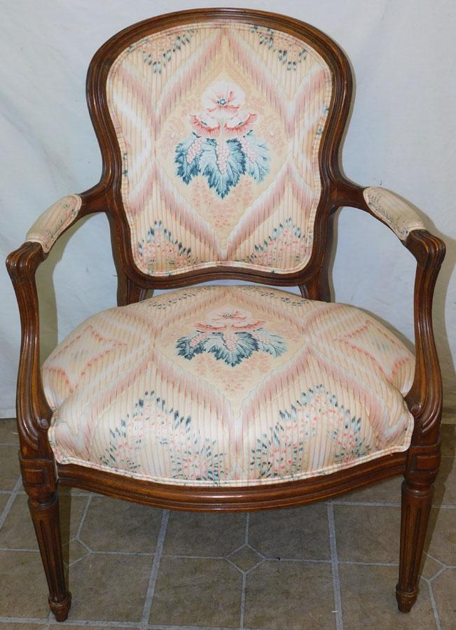 Walnut Carved Silk Upholstered French Arm Chair: Walnut Carved Silk Upholstered French Arm Chair. 34" H