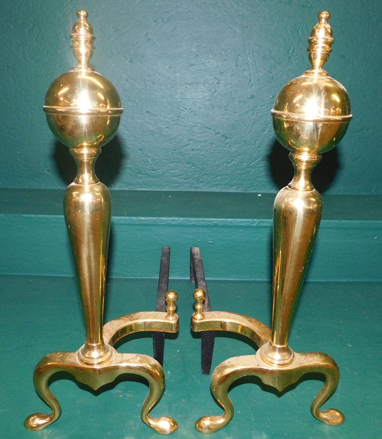 Pair Brass Andirons: Pair Brass Andirons. 20" H