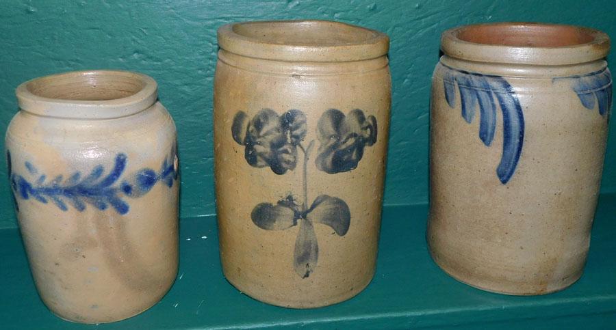 Three Blue Decorated Stone Ware Crocks (1 of 5)