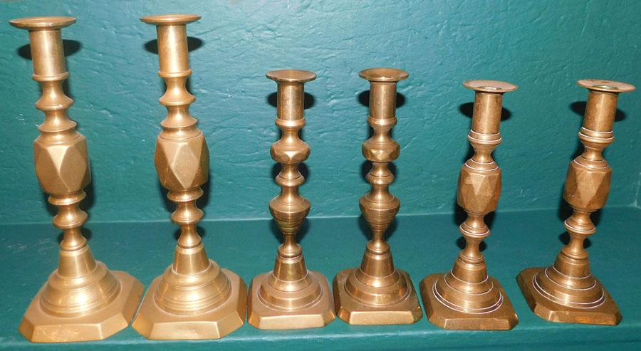 Six Antique Brass Pushup Candlesticks (1 of 4)