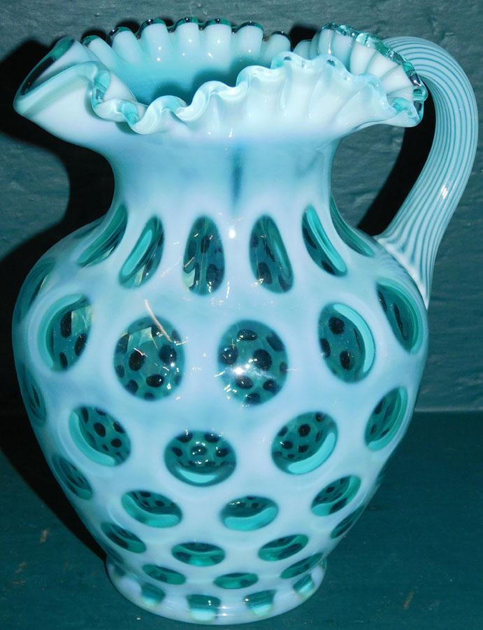 Fenton Blue Opalescent Coin Dot Pitcher (1 of 3)