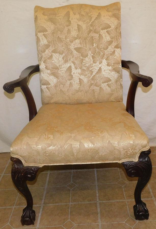 Mahog Carved Upholstered Claw Feet Arm Chair: Mahogany Carved Upholstered Claw Feet Arm Chair. 39 1/2" H
