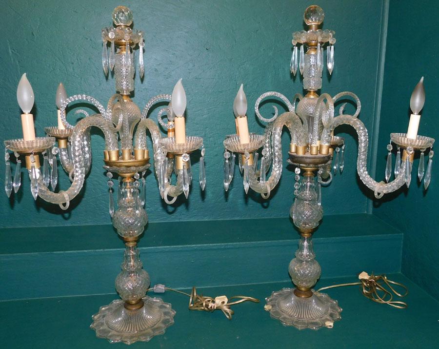 Pair 4 Light Crystal Candelabras: Pair 4 Light Crystal Candelabras. 34 1/4" H