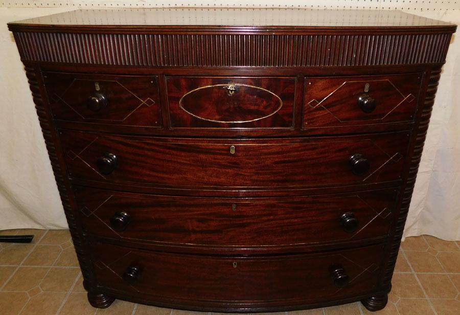 19th C Mahog 3/3 Bow Front Brass Inlay Chest (1 of 13)