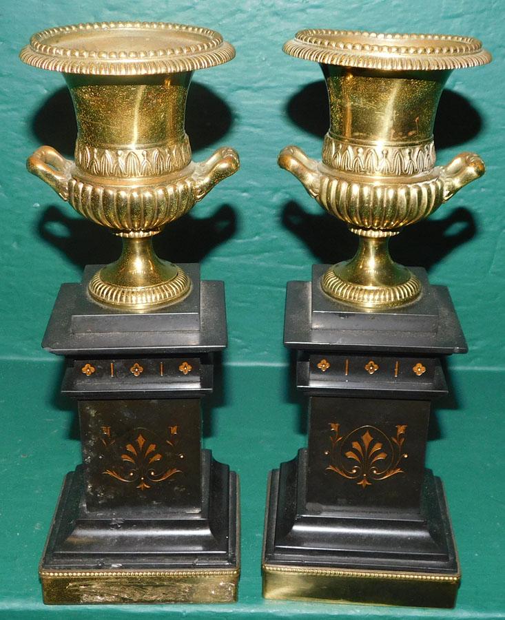 Pair Bronze Urns On Slate & Bronze Bases (1 of 4)