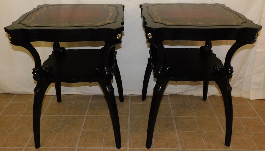 Pr Black Lacq Regency Tables W/ Tooled Leather Tops (1 of 4)