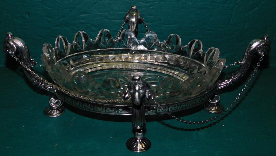 Neoclassical SP & Cut Glass Centerpiece: Neoclassical SP & Cut Glass Centerpiece By Brittania Silver Co.. 12 3/4" W 9 3/4" D 4" H