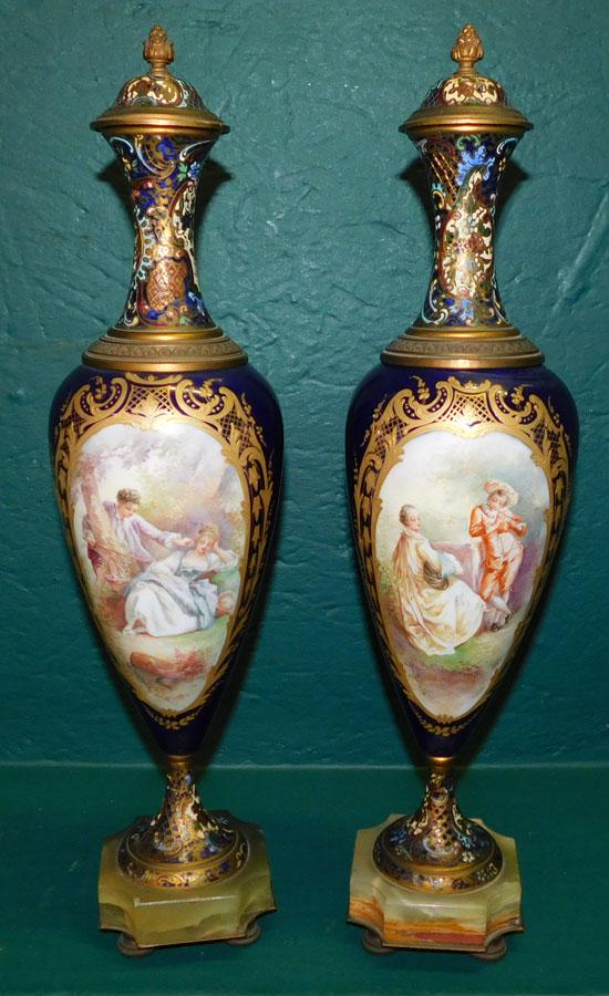 Pr Hand Painted Porcelain & Cloisonne Sevres Urns (1 of 6)