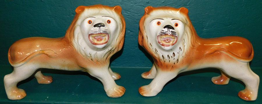 Pair 19th C Staffordshire Lions W/ Glass Eyes (1 of 3)