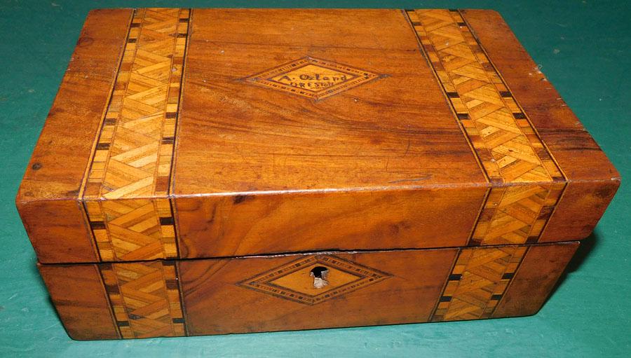 19th C Walnut Inlay Dresser Box (1 of 3)