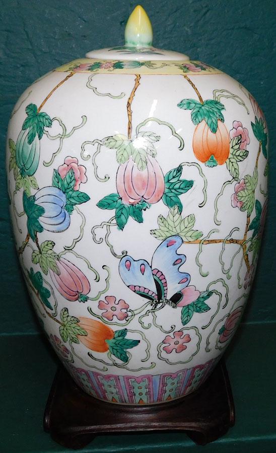 Porcelain Oriental Covered Urn On Teakwood Stand (1 of 7)