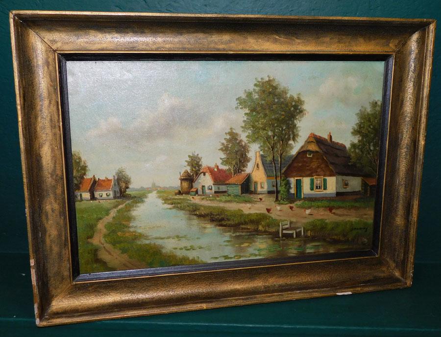 19th C Oil on Canvas Farm Scene Signed (1 of 6)