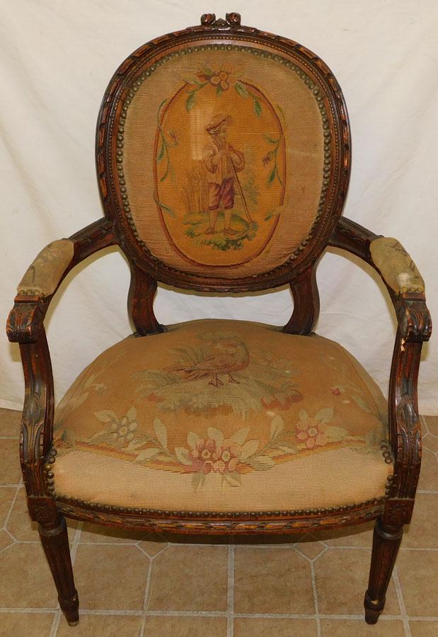 Antique Walnut Carved Arm Chair W/ Tapestry Upholstery: Antique Walnut Carved Arm Chair W/ Tapestry Upholstery. 36" H