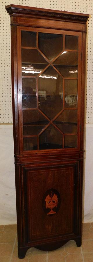19th C Mahogany Inlay Corner Cabinet: 19th C Mahogany Inlay Corner Cabinet. 25" W 77 1/2" H