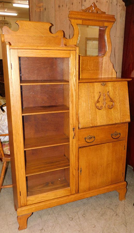 Antique Oak Side by Side Secretary: Antique Oak Side by Side Secretary With Bevel Edge Mirror. 39" W 11" D 67" H