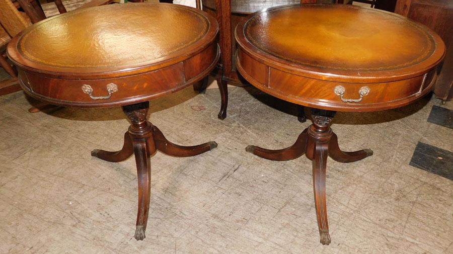 Pr Mahogany Drum Tables w/ Tooled Leather Tops: Pair of Mahogany Drum Tables With Tooled Leather Tops. 28" Dia. 28" H