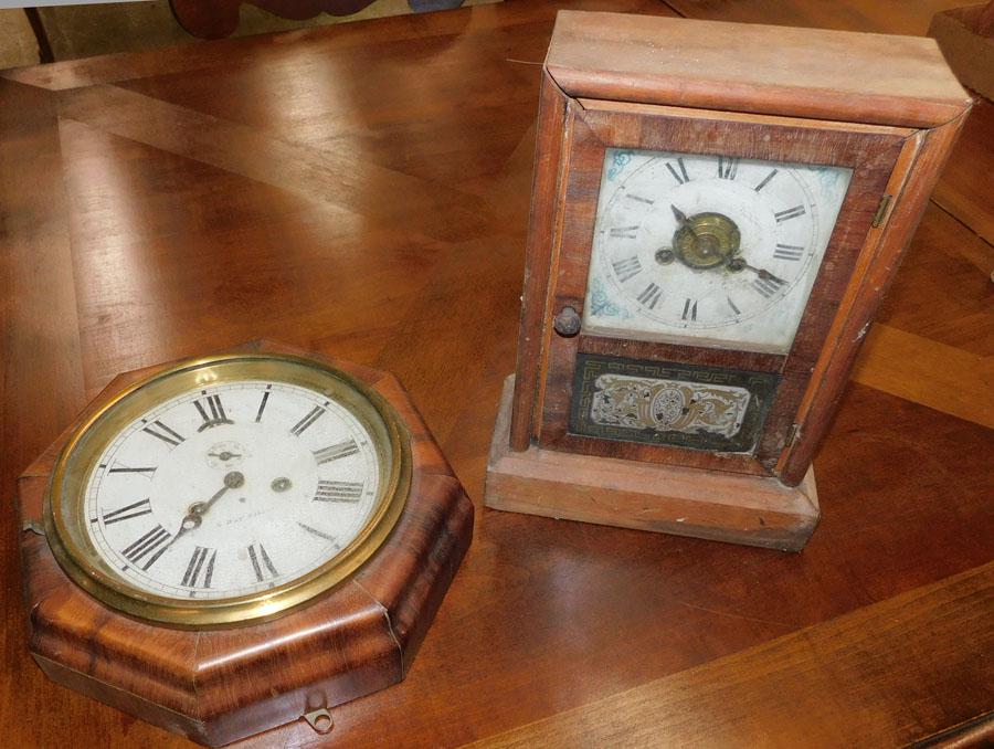 Antique Walnut Wall Clock & Walnut Shelf clock: Antique Walnut Wall Clock by Levers Forestville Conn. & Walnut Shelf Clock by Jerome & Co.. Up to 12" H