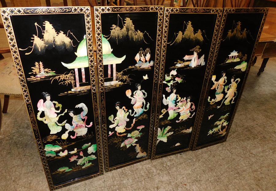 4 Black Lacquered Oriental Panels w/ Shell Accents: 4 Black Lacquered Oriental Panels With Shell Accents. 12" x 36"