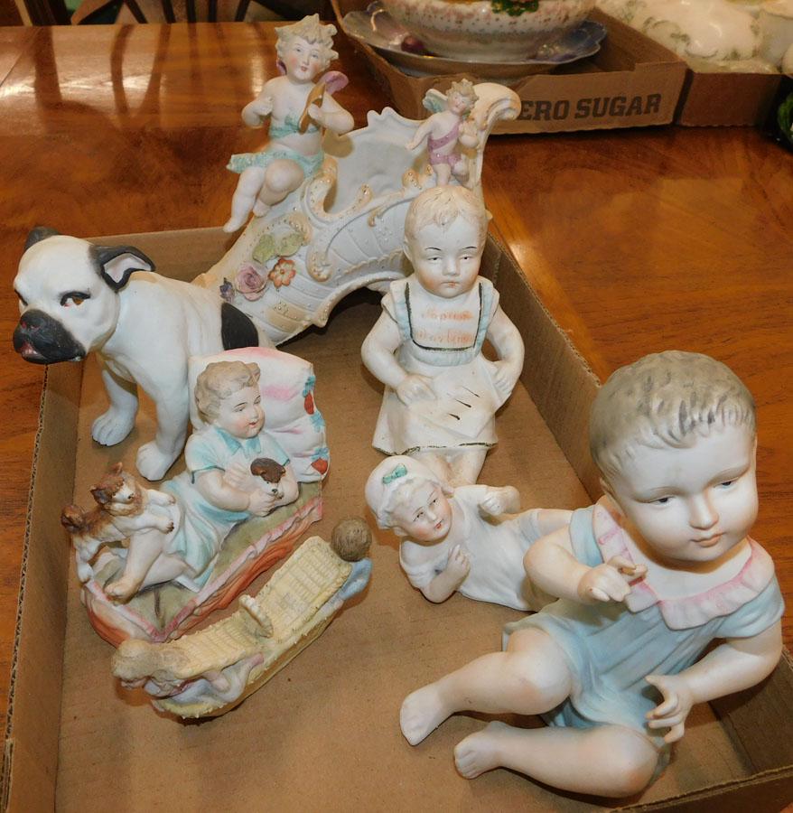 Lot of Porc Piano Babies & Shoe Planter w/ Cherubs: Lot of Porcelain Piano Babies & Shoe Planter With Cherubs. Up to 7 1/4" H