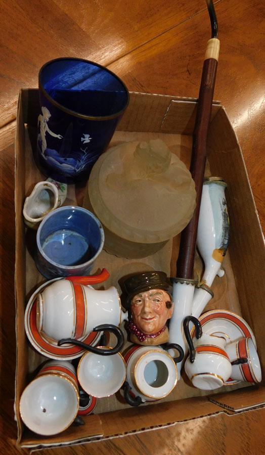 Porc & Glass Mini Tea Set, Enamel Cup, & Pipe Lot: Porcelain & Glass Miniature Tea Set, Enamel Cup, & Pipe Lot.