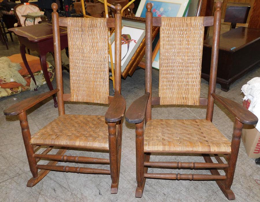 2 Oak & Wicker Rocking Chairs: 2 Oak & Wicker Rocking Chairs . 44" H