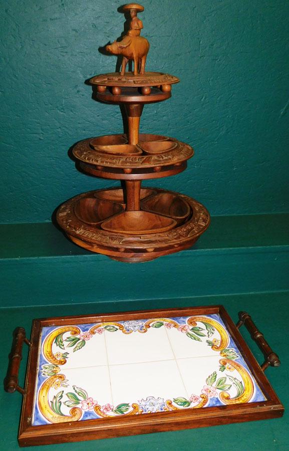 Mahog Lazy Susan & Painted Tile Serving Tray: Carved 3 Tier Mahogany Lazy Susan & 2 Handled Painted Tile Serving Tray. Up to 23" H