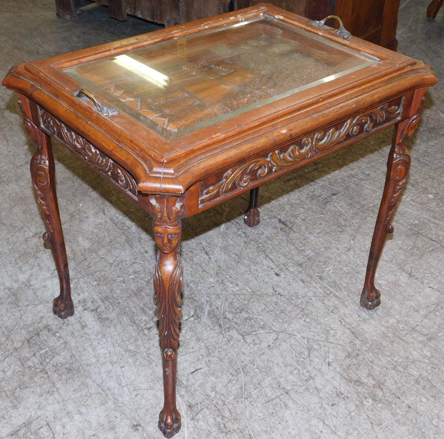 Carved Figural Walnut Tray Top Tea Table: Carved Figural Walnut Tray Top Tea Table . 24 1/4" W 18 1/4" D 22 1/4" H