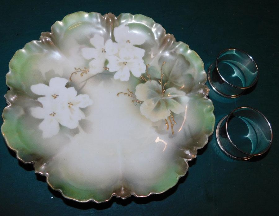 2 Sterling Napkin Rings & RS Prussia Plate: 2 Sterling Napkin Rings & RS Prussia Plate. Up to 7" Dia.