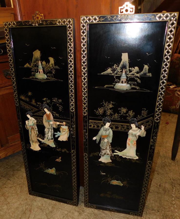 2 Black Lacquered Oriental Hanging Wall Panels: 2 Black Lacquered Oriental Hanging Wall Panels . 12" W 37 3/4" H