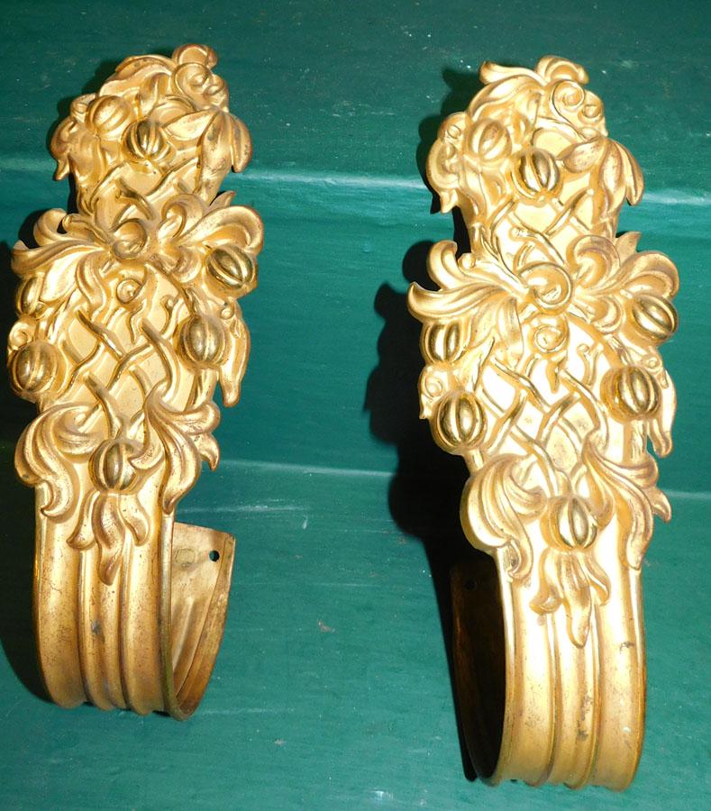2 Gilt Brass Victorian Curtain Rod Holders: 2 Gilt Brass Victorian Curtain Rod Holders. 9 1/2"