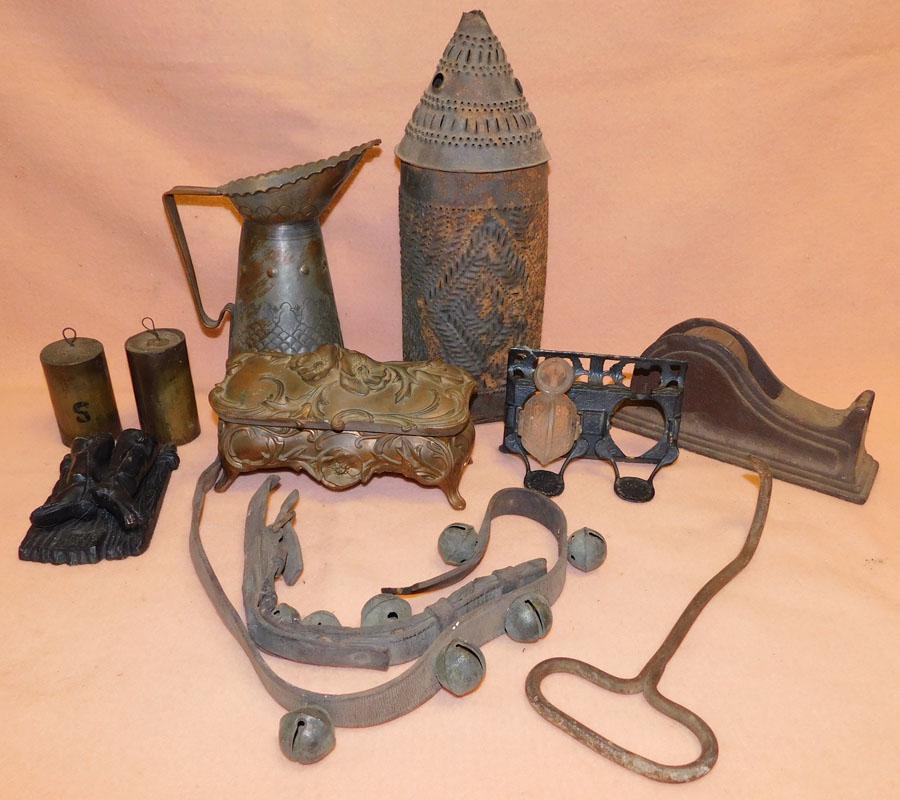 Punch Tin Lantern, Copper Pitcher, Sleigh Bells, etc: Punch Tin Lantern, Copper Pitcher, Sleigh Bells, Cast Iron Inkwell, Clock Weights. Up to 13 1/2" H