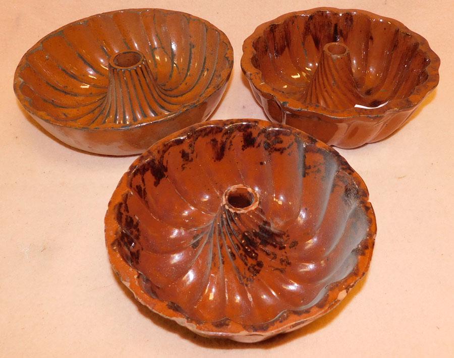 3 Antique Redware Cake Molds, (As Is): 3 Antique Redware Cake Molds, (As Is). Up to 10" Dia.