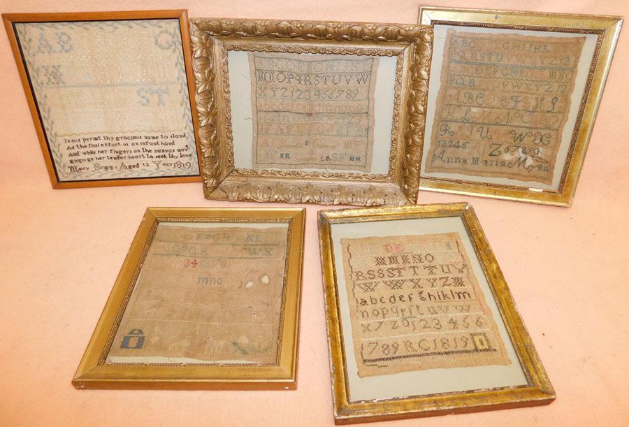 Lot of 5 Antique Needlework Samplers: Lot of 5 Antique Needlework Samplers . Up to 13" x 10 1/2"