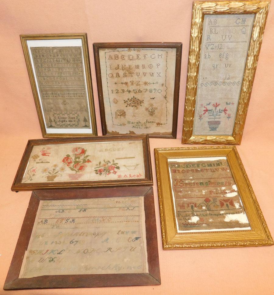 Lot of 6 Antique Framed Needlework Samplers: Lot of 6 Antique Framed Needlework Samplers. Up to 19 1/2" x 9 1/2"