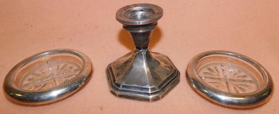 3 Sterl Weighted Items, (2 Coasters & Candlestick): 3 Sterling Weighted Items, (2 Coasters & Candlestick). Up to 3 1/4" H