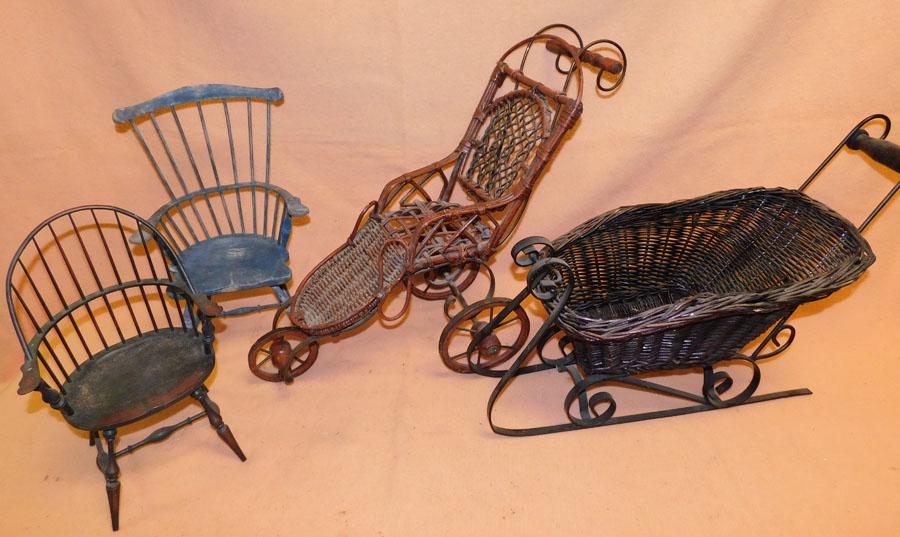 2 Doll Chairs & Doll Carriage, & Wicker/Metal Sleigh: 2 Doll Windsor Chairs & Doll Wicker Carriage, & Wicker & Metal Sleigh. Up to 28" L