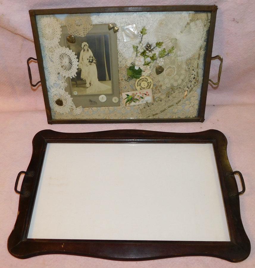 Mah Serving Tray & Crocheted Wedding Collage: Mahogany Serving Tray & Vintage Framed Crocheted Wedding Collage. Up to 22" L