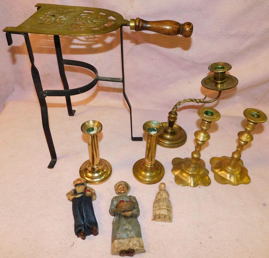 Lot of Brass Candlesticks & Tall Trivet: Lot of Brass Candlesticks & Tall Trivet . Up to 13 3/4" H