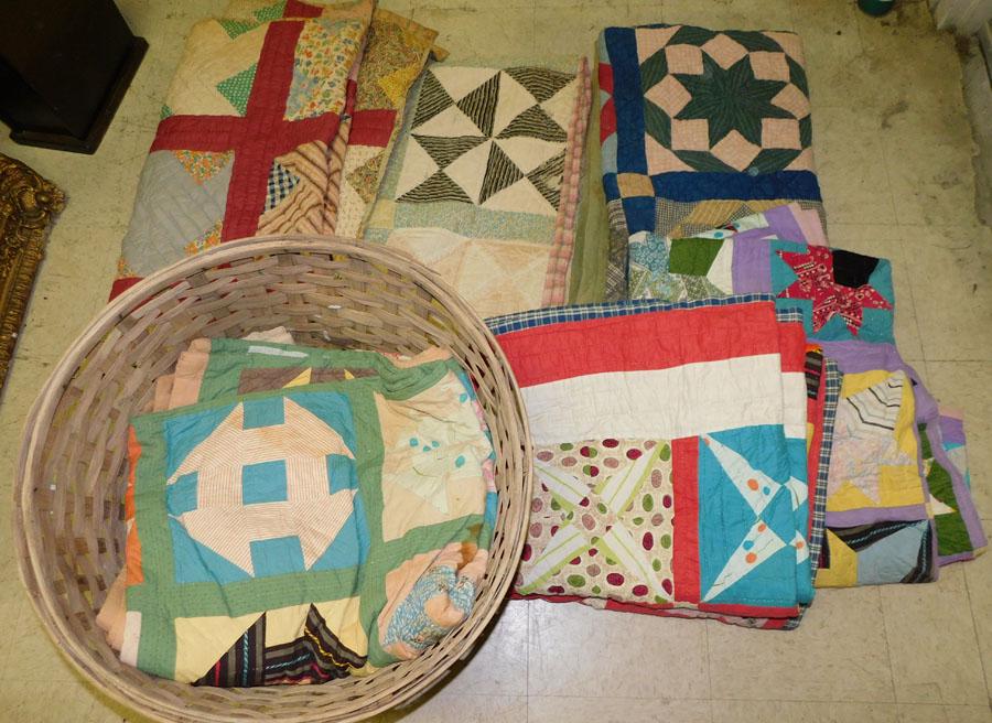 Antique Cotton Basket With Handmade Quilts: Antique Cotton Basket With Handmade Quilts. 20" H