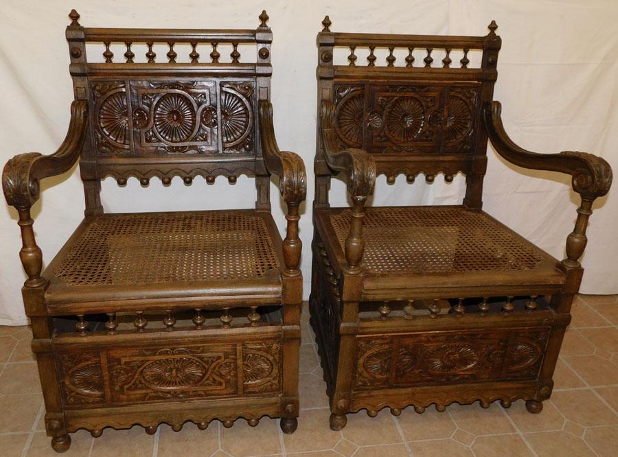 Pr Ant Walnut Carved Cane Seat Arm Chairs (1 of 8)