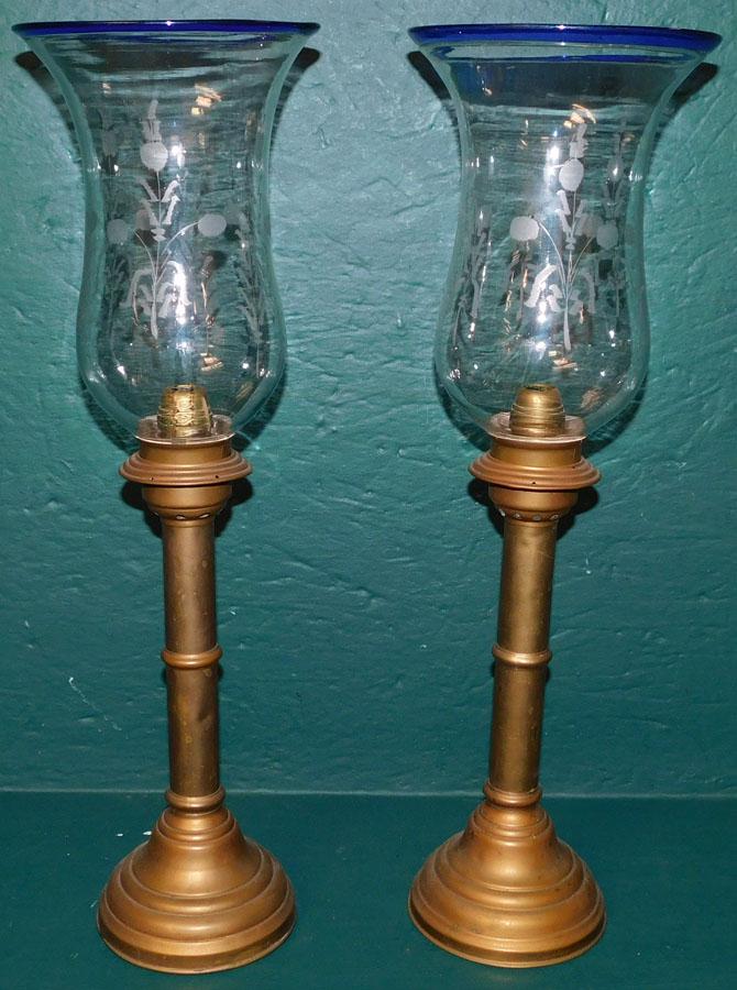 Pr Brass C/sticks W/ Etched Hurricane Shades (1 of 3)