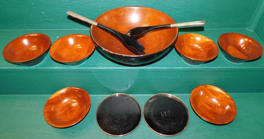 Wooden Haitian Salad Set W/Sterl Rim Base & Handles: Wooden Haitian Salad Set W/Sterling Rim Base & Handles. 11 1/4" Dia 4 1/2" H
