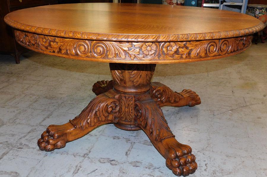 Carved Oak Table W/ 5 Leaves Attrib To R.J. Horner (1 of 8)