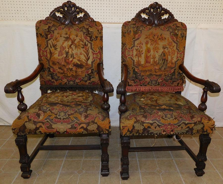 Pr 19th C Walnut Carved Arm Chairs W/ NP Uph (1 of 7)