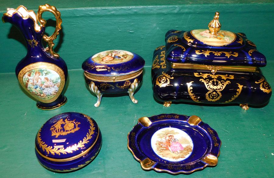 Lot Cobalt Blue Pnt Dec Limoges Dresser Pcs: Lot Cobalt Blue Paint Decorated Limoges Dresser Pieces. 8 1/2" W 6 1/2" D 6 1/2" H (Box)
