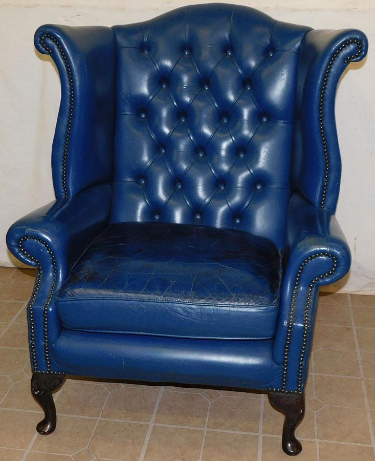 Blue Leather Queen Anne Wing Back Arm Chair (1 of 7)