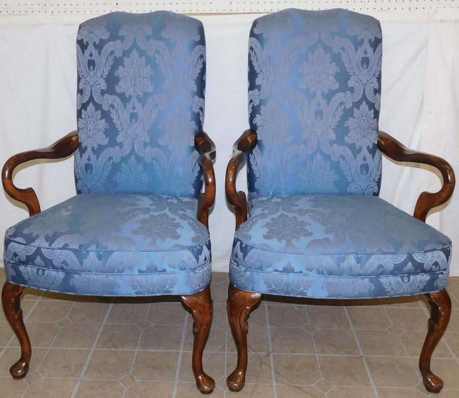 Pr Mahogany QA Arm Chairs By Ladd Furniture Inc: Pair Mahogany Queen Ann Arm Chairs By Ladd Furniture Inc. 43" H
