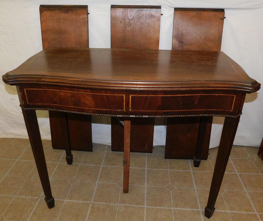 Mah Inlay Fold Over Top Dining Table W/ 3 Leaves: Mahogany Inlay Fold Over Top Dining Table W/ 3 Leaves. 39" W 20 1/2" D 31 1/4" H