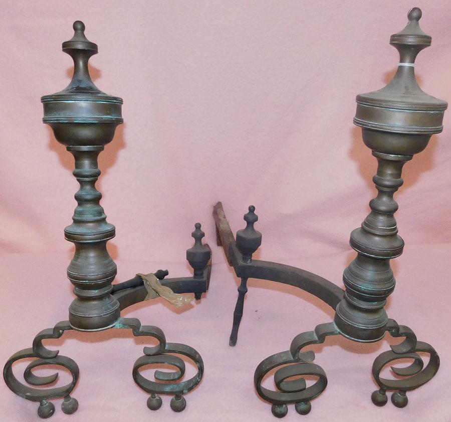 Pair Antique Brass Andirons (As Is): Pair Antique Brass Andirons (As Is). 22" H