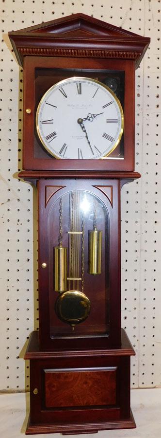 Mahogany & Burl Wood Wall Clock: Mahogany & Burl Wood Wall Clock. 12" W 6 1/4" D 38" H